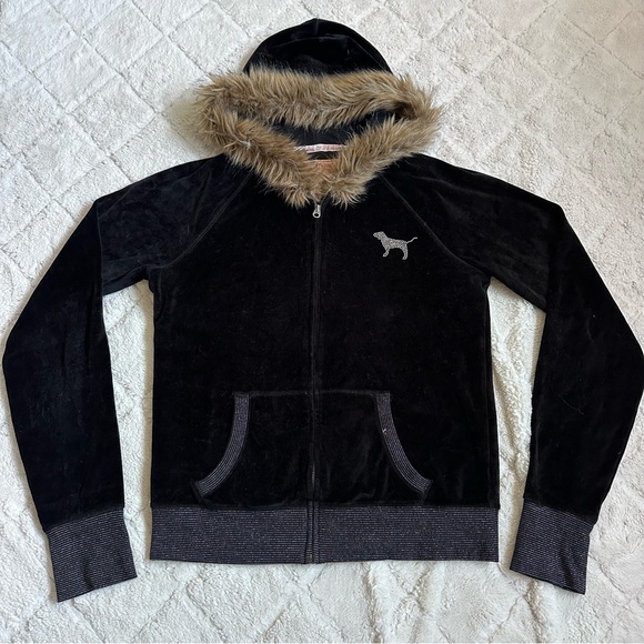 Victoria's Secret PINK | Black and Bling PSU Full Zip Velvet Fur Hoodie | Large - Picture 2 of 9
